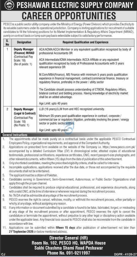 Peshawar Electric Supply Company PESCO Jobs 2026