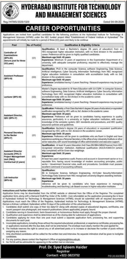 Hyderabad Institute for Technology And Management Sciences HITMS Jobs 2026