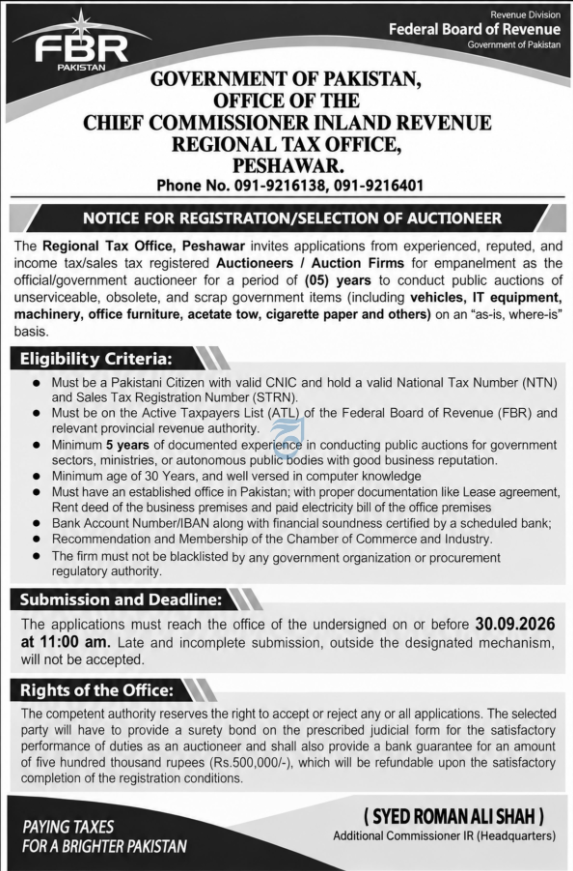 Federal Board Of Revenue FBR Peshawar Jobs 2026