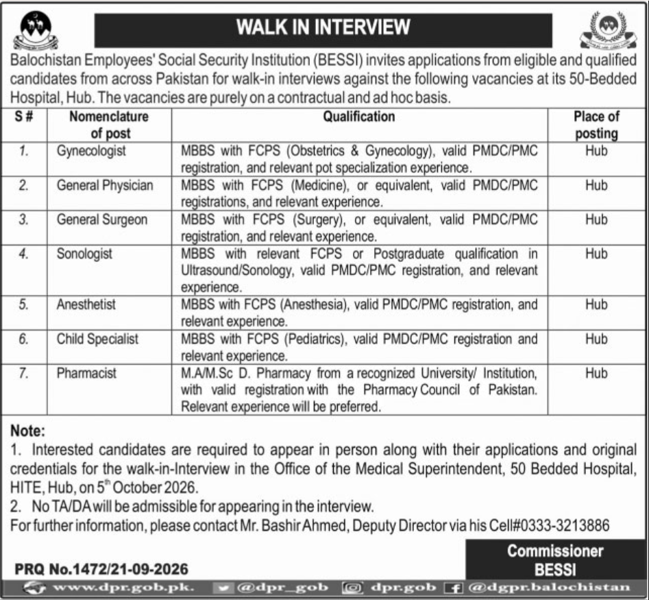 Balochistan Employees Social Security Institution BESSI Jobs 2026