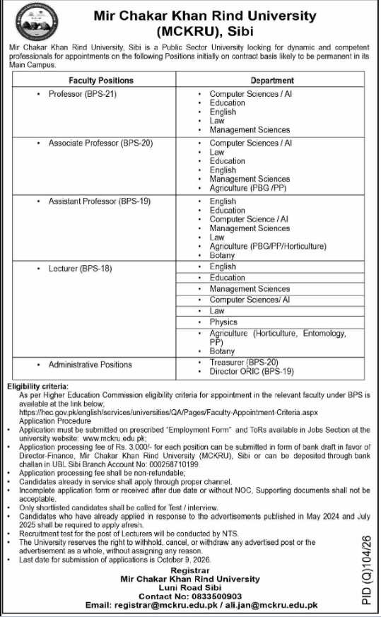 Mir Chakar Khan Rind University MCKRU Apply Jobs 2026