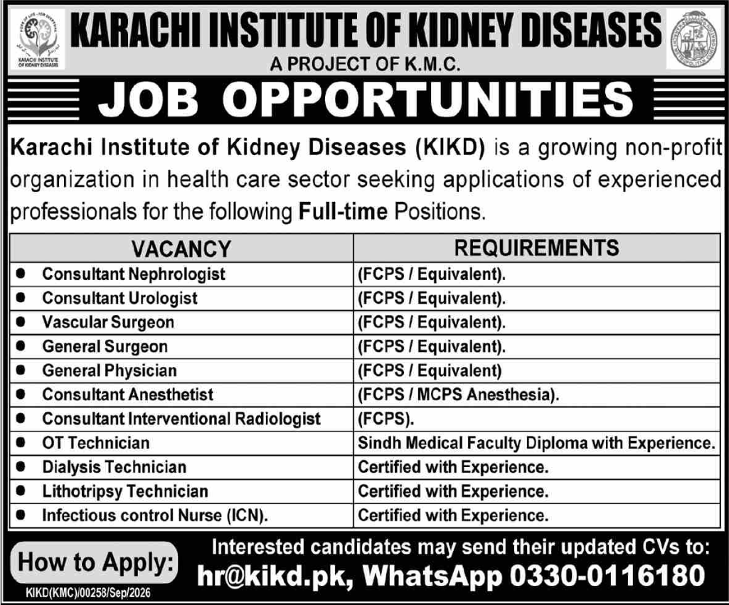 Karachi Institute Of Kidney Diseases KIKD Apply Jobs 2026