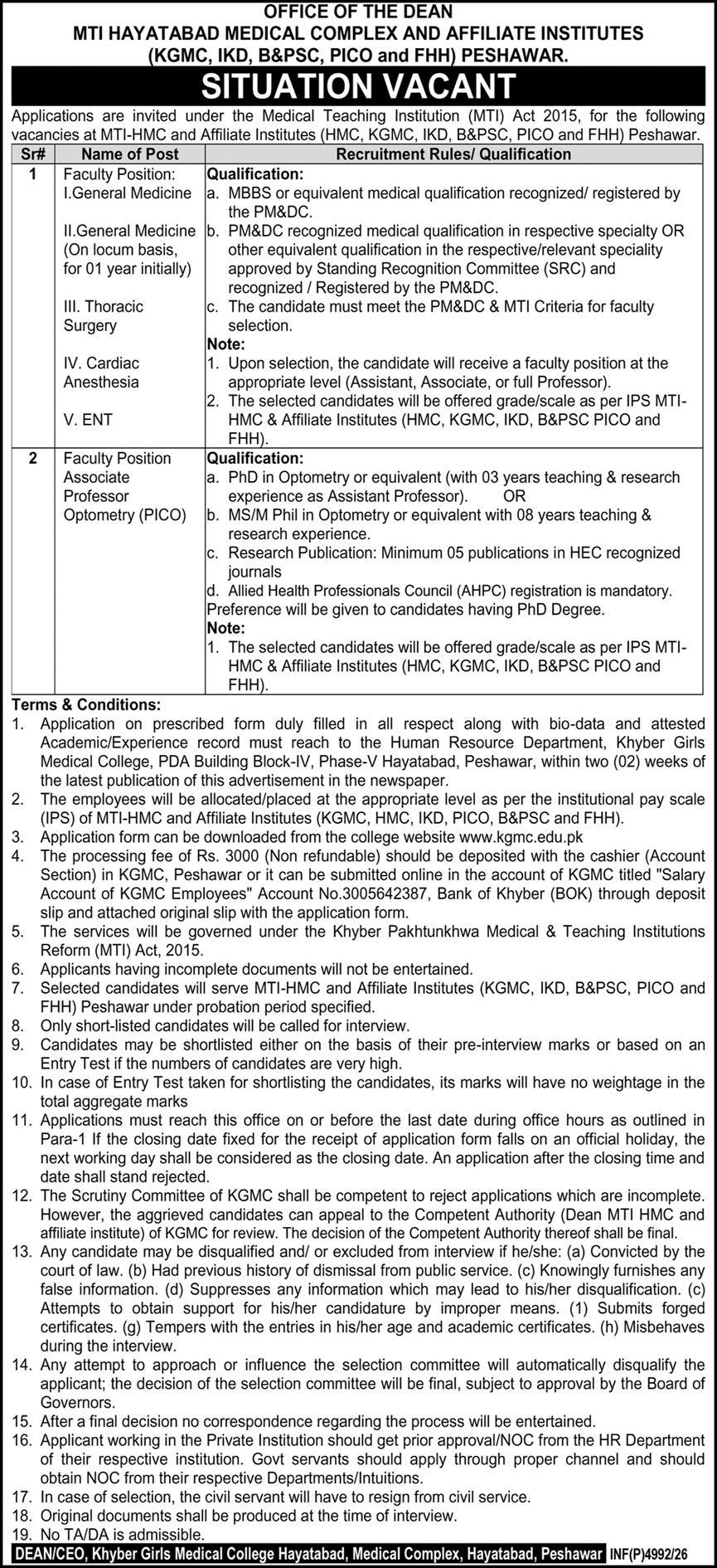 Khyber Girls Medical College KGMC Peshawar Jobs 2026
